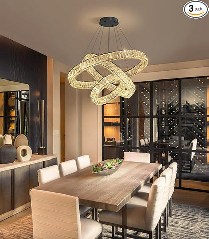 HAIXIANG Modern Glam Chandelier Crystal LED Remote Rings Chandelier Adjustable Hanging Ceilings Pendant Lights Fixture Black 8"+16"+24" Rings Lighting