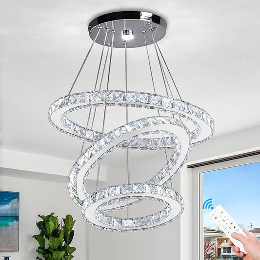 CLAIRDAI Modern Crystal Chandelier, Adjustable 3 Ring LED Ceiling Light Fixture, Dimmable K9 Crystal Chandelier for Dining Room, Bedroom, Living Room, Hallway