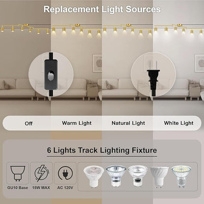 Plug in Track Lighting, LED Track Lighting Fixtures Ceiling, Gold 6-Light Kitchen Light Kit, Plug in Wall Light with 14.8ft Power Cord, Rotatable Ceiling Spotlight for Bedroom(GU10 Socket, NO Bulb)