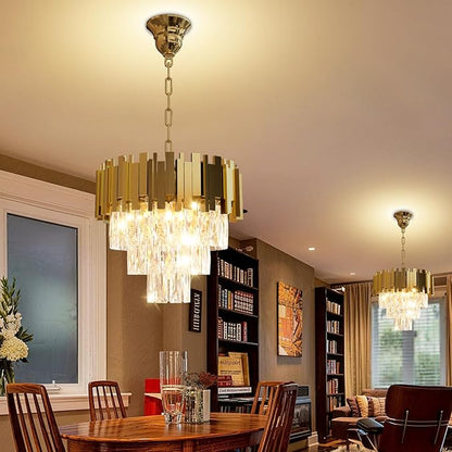 Modern Crystal Chandelier 16" Round K9 Crystal Ceiling Light Adjustable Gold 3-Tier Chandelier with 5 Lights Elegant Fixture for Dining Room Living Room Foyer
