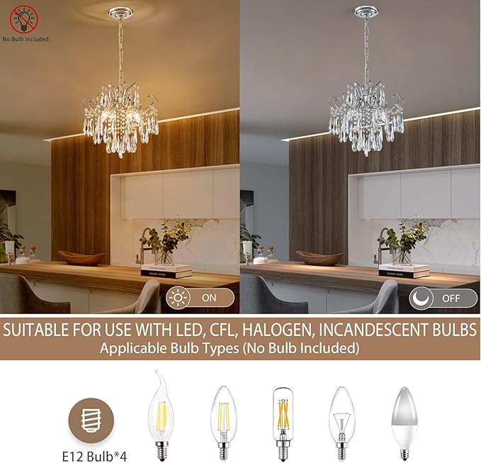 Modern Crystal Chandelier Ceiling Light Fixture, 4-Light Pendant Ceiling Hanging Lamp for Dining Living Room Bedroom Kitchen, 16" Chrome Chandelier