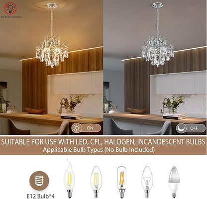 Modern Crystal Chandelier Ceiling Light Fixture, 4-Light Pendant Ceiling Hanging Lamp for Dining Living Room Bedroom Kitchen, 16" Chrome Chandelier