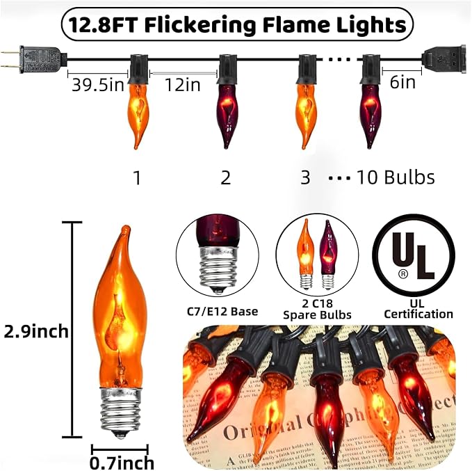 PASUTO Orange and Purple Halloween Lights - Flickering Flame String Lights, 12.8Ft Indoor Outdoor Halloween Lights C7 Retro Flame String Lights, Ideal for Fall Halloweens Decorations for Home Party