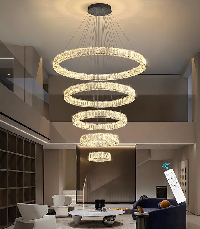 HAIXIANG 5-Rings Modern Chandelier with LED Dimmable Lights Crystal High Ceiling Chandeliers Lighting for Living Room Foyer Entryway Luxury Indoor Light Black Fixtures