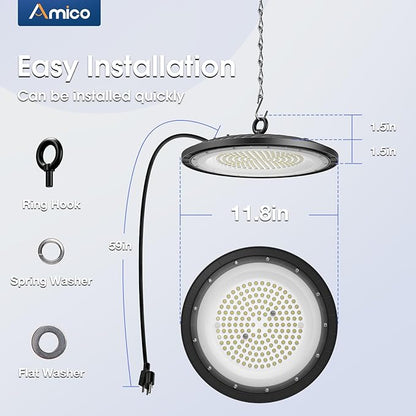 Amico UFO LED High Bay Light 150W 21000lm 5000K High Bay LED Shop Lights for Workshop Warehouse Barn with UL Listed US Hook 5' Cable Alternative to 650W MH/HPS for Commercial Lighting Fixture 20 Pack