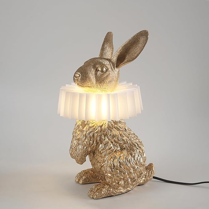 Gold Standing Bunny Lamp, Resin Scarf Rabbit Table Lamp with White Pleated PC Lampshade, USB Plug LED Nightstand Lamp, Cute Bedside Night Light for Bedroom Nursery Home Decor