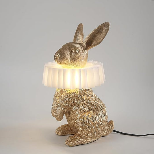 Gold Standing Bunny Lamp, Resin Scarf Rabbit Table Lamp with White Pleated PC Lampshade, USB Plug LED Nightstand Lamp, Cute Bedside Night Light for Bedroom Nursery Home Decor
