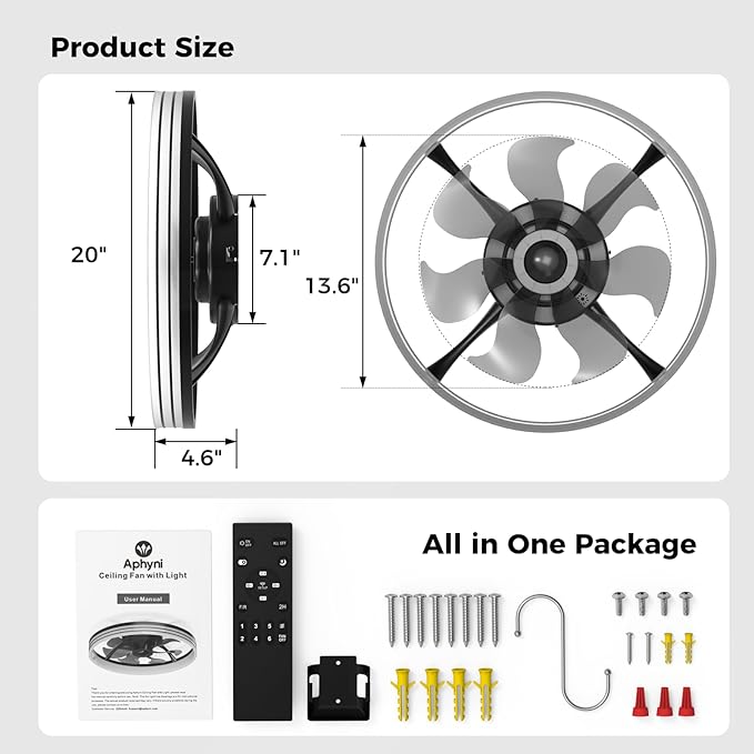 Ceiling Fans with Lights and Remote, 20" Black Low Profile Ceiling Fan, Modern Flush Mount LED Fan Light, 6 Wind Speeds Fandelier Ceiling Fan with Light for Bedroom, 3000-6500K Dimmable