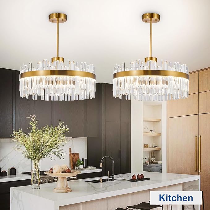 Depuley Modern Gold Crystal Chandeliers: 23.6" Dimmable LED Chandeliers Light Fixture with Remote Control - 3 Colors Contemporary Pendant Ceiling Light for Dining Living Room Kitchen Island Foyer