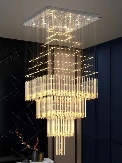 Flashing God D32''X H110'' High Ceiling Chandelier Crystal Raindrop Chandeliers Staircase Large Chandelier Villa Entrance Foyer Hanging Light High Ceiling Pendant Light Fixture with LED Dimmable