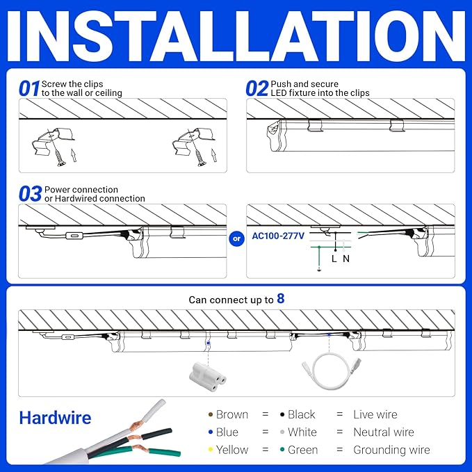 Barrina (6 Pack LED T5 Integrated Single Fixture, 4FT, 2200lm, 6500K Super Bright White, 20W Utility LED Shop Light, Ceiling and Under Cabinet Light, Corded Electric with ON/Off Switch, ETL Listed