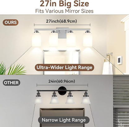Brushed Nickel 4-Light Bathroom Light Fixtures, 27" Modern Vanity Lights Over Mirror with Milky White Frosted Glass Shade, Classic Wall Light Fixture for Mirror Living Room Cabinet Bedroom Porch