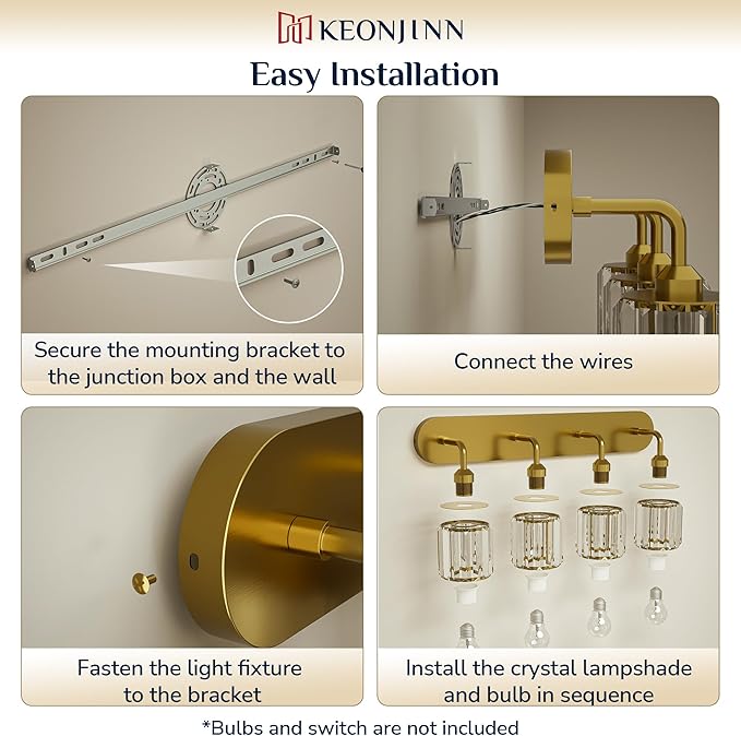 Keonjinn 6-Light Bathroom Light Fixtures, Crystal Gold Bathroom Vanity Lights Over Mirror, Vanity Lighting Fixtures with Crystal Square Shades (E26 Socket, Exclude Bulb)