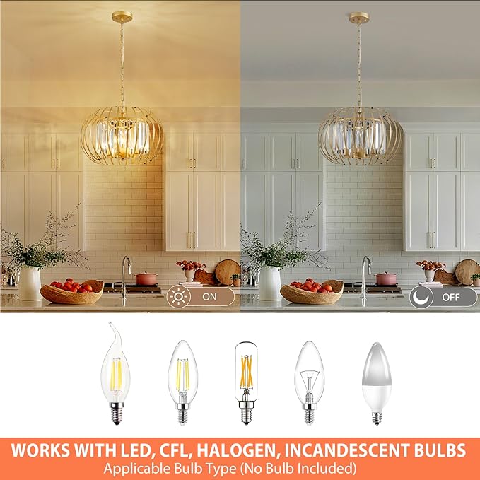Modern Chandelier for Dining Room 17.7" Gold Crystal Pendant Lighting Fixture Rustic Round Metal Shade Hanging Ceiling 4-Light for Living Room Bedroom Kitchen Island Hallway