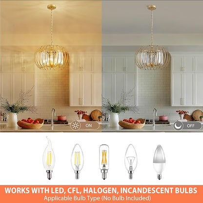 Modern Chandelier for Dining Room 17.7" Gold Crystal Pendant Lighting Fixture Rustic Round Metal Shade Hanging Ceiling 4-Light for Living Room Bedroom Kitchen Island Hallway