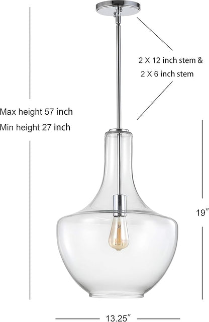 JONATHAN Y 13.25" Chrome/Clear Mid-Century Modern 1-Light LED Pendant Light Fixture, Adjustable Schoolhouse Hanging Lamp for Kitchen Island, Clear Glass Shade, LED Bulb Included (JYL6401A)