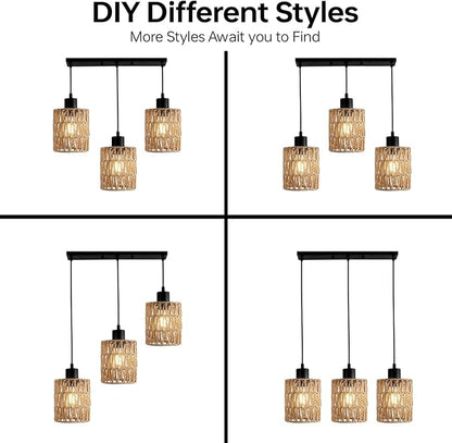 FIRVRE 3 Light Pendant Lighting, Farmhouse Boho Hanging Light Fixture for Kitchen Island & Dining Room, Industrial Vintage Ceiling Lamp with E26 Base, Adjustable Height, Rattan Pendant Light