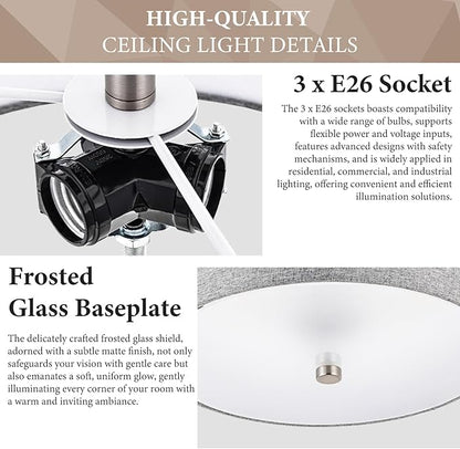3-Light Semi Flush Mount Ceiling Light Fixture, 13" Modern Drum Light with Grey Fabric Shade, Close to Ceiling Lighting Hanging Lamps for Bedroom Living Room Dining Room Kitchen Hallway