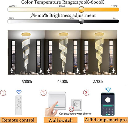 200'' Long Crystal Column Chandelier Gold 36-Light Extra Large Staircase Chandelier High Ceiling Dimmable LED Ceiling Lighting Foyer Entryway Light Source is Replaceable