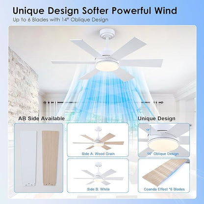 42 inch Ceiling Fans with Lights, Ceiling Fan with Remote APP, Dual-Sided Modern/Rustic 6 Blades, Reversible, 3CCT, Sloped Flush Mount Low Profile Ceiling Fan with Lights Bedroom Kitchen Indoor White