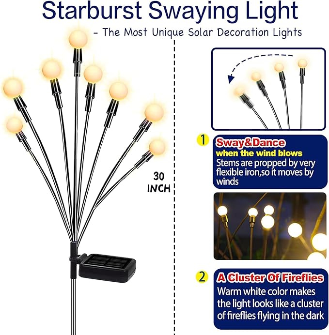 TONULAX Solar Garden Lights 8 Pack - Upgraded Solar Swaying Light, Sway by Wind, Outdoor Lights, Yard Patio Pathway Decoration, High Flexibility Iron Wire & Heavy Bulb Base, Warm White