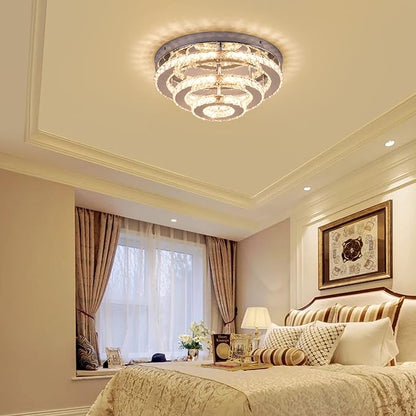 13.8" Flush Mount Chandelier LED Crystal Ceiling Light Fixture 3 Tier Ring Crystal Chandeliers for Bedrooms Dining Room Living Room,3 Colors Adjustable