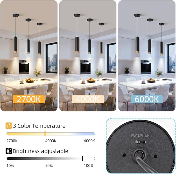 OKELI Modern Black LED Pendant Light for Kitchen Island, 1 Pack – Dimmable Zoomable Pendant, Adjustable Beam Angle, 3 Color Temps 2700K/4000K/6000K, Mini Hanging Light for Bar or Bedroom, 12W 11.8"