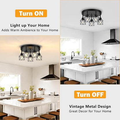 Baocuz 5-Light Adjustable Kitchen Light Fixtures, Multi-Directional Black Ceiling Light Fixtures, Semi Flush Mount Ceiling Light, Vintage Metal Cage Spotlight Fixture for Hallway Dining Room Entryway