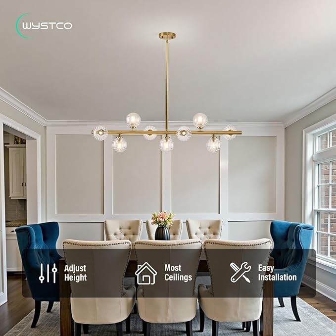 Mid Century Modern Glass Globe Sputnik Chandelier, 9-Light Linear Chandeliers for Dining Room, Kitchen Island, Living, Dining Light Fixture Over Table, Brass Gold and Clear Bubble, 40 Inch
