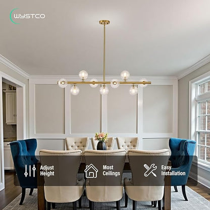 Mid Century Modern Glass Globe Sputnik Chandelier, 9-Light Linear Chandeliers for Dining Room, Kitchen Island, Living, Dining Light Fixture Over Table, Brass Gold and Clear Bubble, 40 Inch