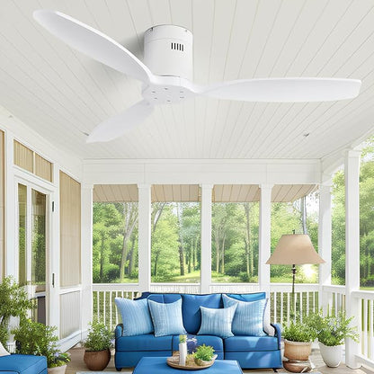 Sofucor 52'' Low Profile Ceiling Fan Remote Control without Lights,Wood Flush Mount White Ceiling Fans no light, Modern Ceiling Fan Reversible DC for Bedroom,Farmhouse,Living Dining Room,Kitchen