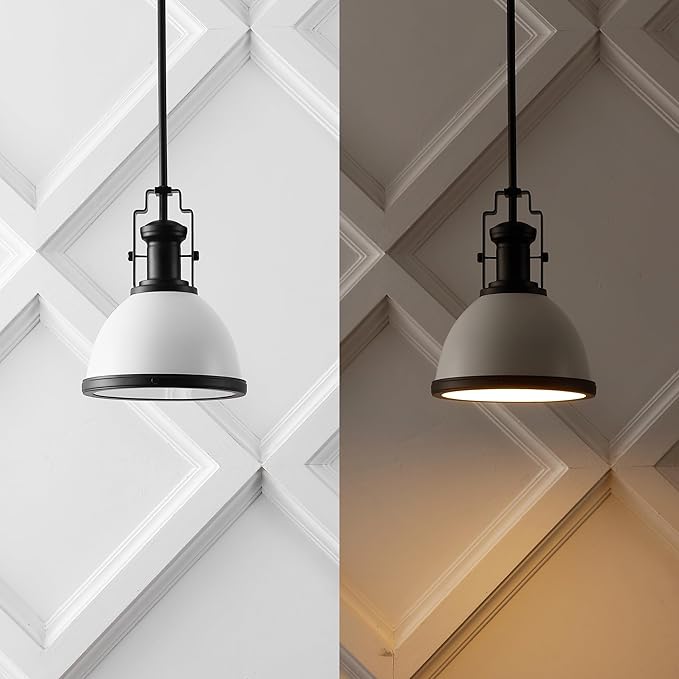JONATHAN Y 10" Matte Black/White Modern Industrial Iron LED Dome Pendant Light, Adjustable Hanging Fixture for Kitchen Island or Entryway, White Metal Shade, LED Bulb Included (JYL9535E)