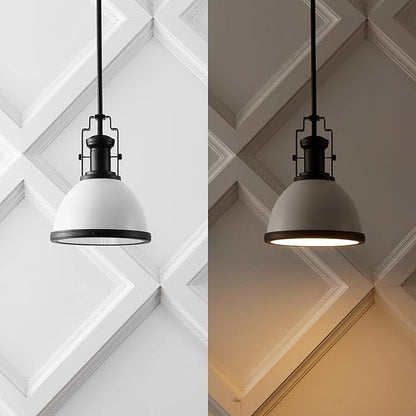 JONATHAN Y 10" Matte Black/White Modern Industrial Iron LED Dome Pendant Light, Adjustable Hanging Fixture for Kitchen Island or Entryway, White Metal Shade, LED Bulb Included (JYL9535E)