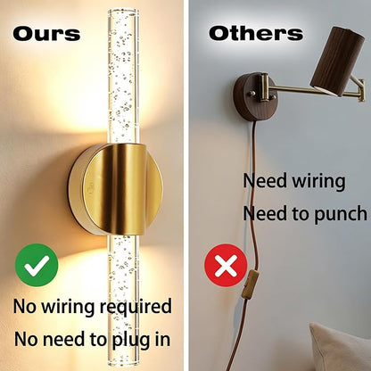 Battery Operated Wall Sconces Set of 2, Rechargeable Wall Lights with Remote Control & Dimmable, Wireless Wall Lamp Fixtures Not Hardwired for Bedroom Living Room Hallway (5400mAh, Gold)