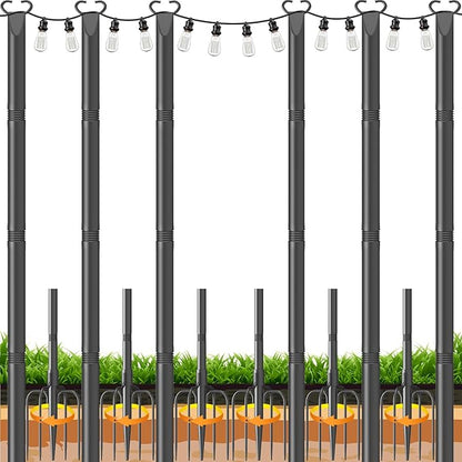 10Ft String Light Poles 6 Pack,Poles for Outdoor String Lights with Fork and Fence Clamp,Hanging Lights Metal Stand Post for Deck Patio Backyard Garden Decorations