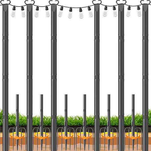 10Ft String Light Poles 6 Pack,Poles for Outdoor String Lights with Fork and Fence Clamp,Hanging Lights Metal Stand Post for Deck Patio Backyard Garden Decorations