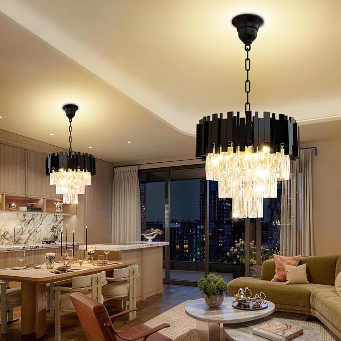 Modern Crystal Chandelier 16" Round K9 Crystal Ceiling Light Adjustable Black 3-Tier Chandelier with 5 Lights Elegant Fixture for Dining Room Living Room Foyer