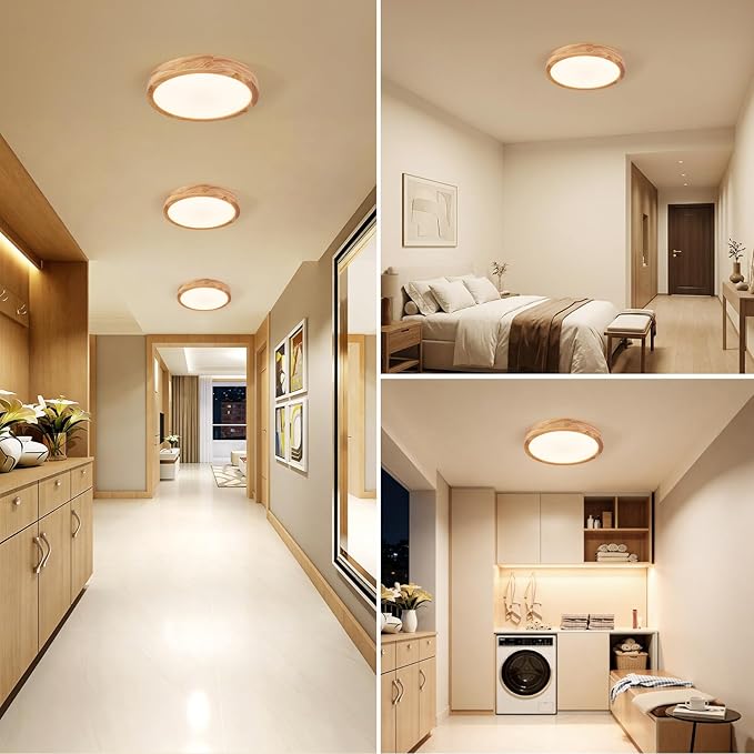 Modern LED Ceiling Light for Bedroom: Wood Flush Mount Light Fixture with Acrylic Lampshade - 3000K Not Dimmable Overhead Ceiling Lamps for Kitchen Hallway Living Room (11.8" 2 Pack)