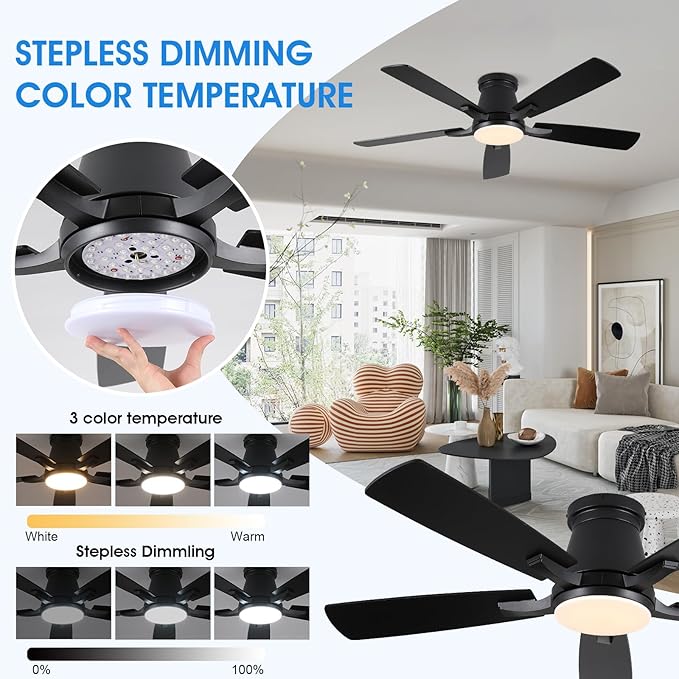 Surtime 52" Ceiling Fans with Lights-Low Profile Ceiling Fan with Light and Remote/APP Control,Flush Mount,DC Reversible,LED Dimmable Black Ceiling Fans for Bedroom,Indoor/Outdoor Patio Use