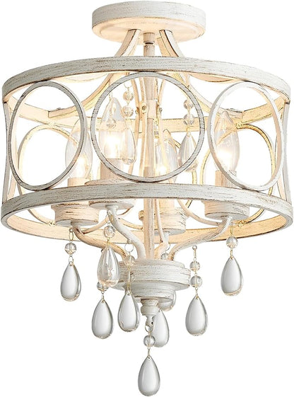 Crystal Ceiling Light Fixture, Modern Semi Flush Mount Ceiling Light, 4-Light White Round Crystal Chandelier Hallway Lighting Fixtures for Bedroom Bathroom Foyer Entryway Dining Room Kitchen