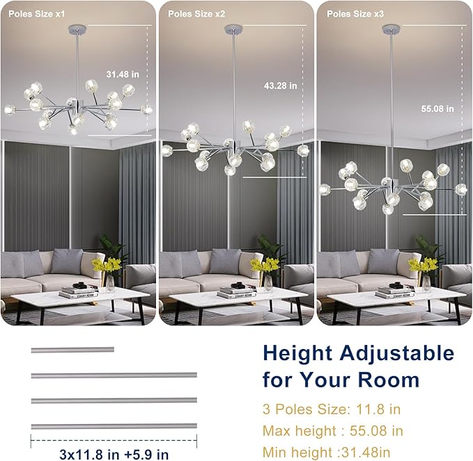 Depuley Modern Chrome Sputnik Chandelier: 18-Light Large Crystal Glass Chandelier for Living Room - Kitchen Island Light Fixture Mid Century Hanging Lamp for Dining Room (Included G9 Bulbs)