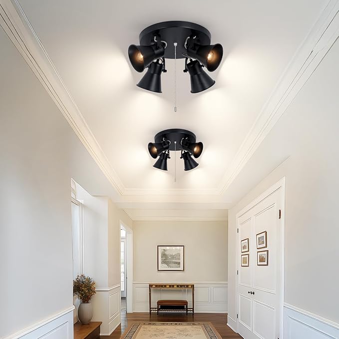 4-Light Industrial Track Lighting with Pull Chain On/Off Switch, Adjustable Round Kitchen Ceiling Light, Morden Black Flush Mount Directional Light for Kitchen, Hallway, Dining Room.