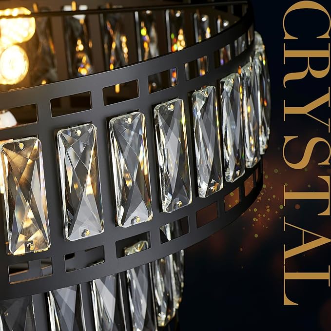 24" Modern Crystal Chandelier 8-Light Drum Large Glass Chandelier 2-Tier Round Black Design Luxury Elegant Lighting Fixture for Dining Room, Foyer, Living Room, Bedroom, Kitchen