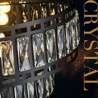 24" Modern Crystal Chandelier 8-Light Drum Large Glass Chandelier 2-Tier Round Black Design Luxury Elegant Lighting Fixture for Dining Room, Foyer, Living Room, Bedroom, Kitchen