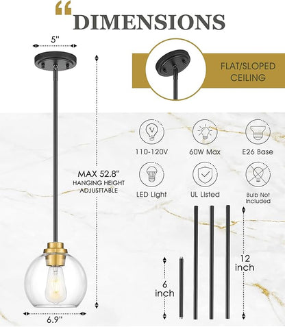 Pendant Lights Kitchen Island, 7" Black and Gold Hanging Lights Fixtures with Clear Glass Globe Shade, Modern Kitchen Island Lighting for Bathroom, AD-22280-1P-KG