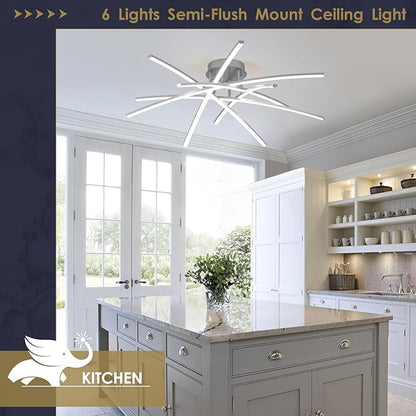 Semi Flush Mount Ceiling Light, 32.8” Dimmable LED Chandelier Modern Ceiling Lighting Fixture Dimmable Remote Control 6-Lights Lamp for Living Room Dining Room Bedroom 65W 3000K-6000K
