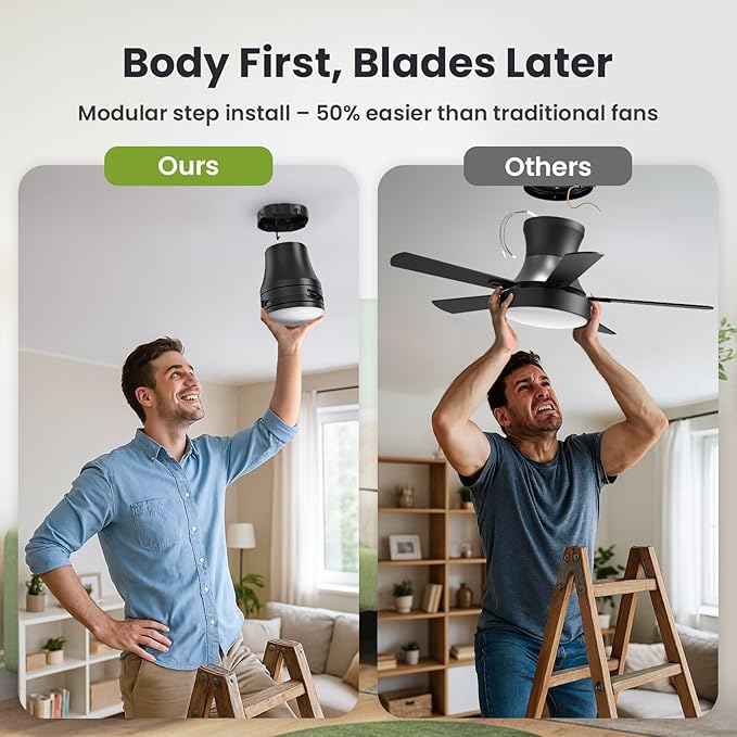 OSTIVE Ceiling Fans with Lights and Remote: 42 Inch Modern Ceiling Fan, Low Profile Flush Mount, Quiet Reversible DC Motor & 3CCT Dimmable LED for Bedroom Living Room Kitchen Indoor Outdoor (Black)