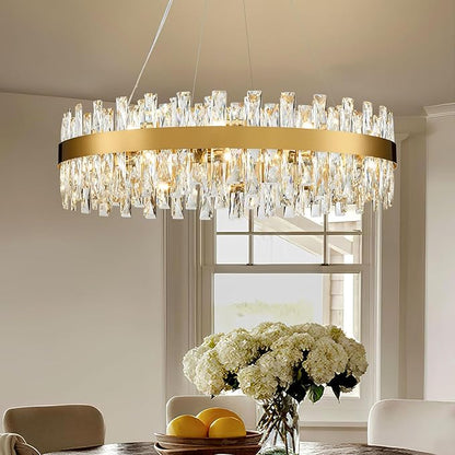 Modern Brass Gold Crystal Chandelier Lights, Round K9 Crystal Raindrop Chandelier, Pendant Ceiling Light Fixtures for Dining Living Dining Room Bedroom, Diameter 30 inches