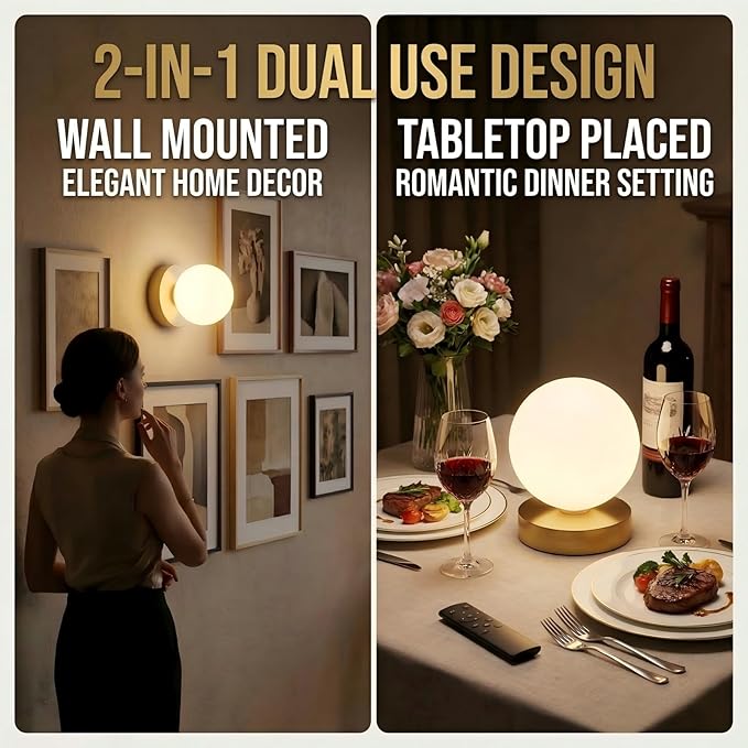 Battery Operated Wall Sconce Set of 2, Dimmable Wireless Gold Wall Lamp with 14000mAh Rechargeable Battery, Portables Cordless Wall Light Fixtures for Painting Living Room Bedroom Bathroom