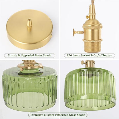 Shenmoyl Pendant Light with Green Striped Glass Lmapshade, Brass Vintage Pendant Light Adjustable Hanging Light for Kitchen Island Dining Room Hallway